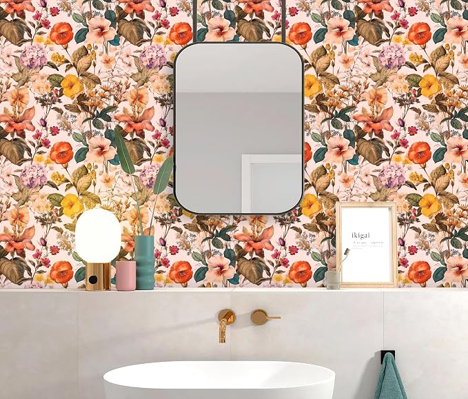 Jeweluck Floral Peel and Stick Wallpaper Vintage Floral Contact Paper Peel and Stick 16.9”x393.7” Poppy Flower Wallpaper Boho Leaf Wall Paper Removable Self Adhesive Decorative for Cabinets Vinyl - Image 2
