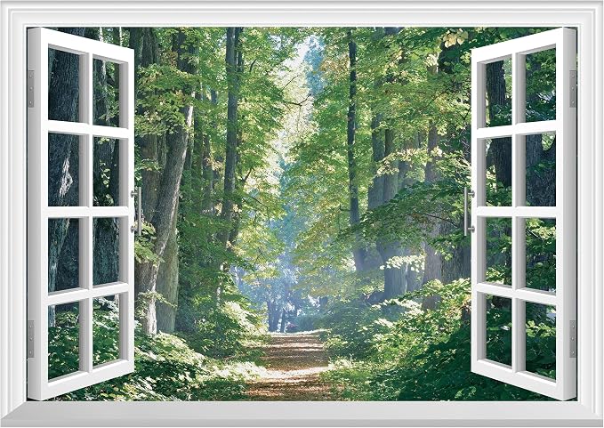 FLFK Fake Window Wall Mural - Road in The Forest Faux Window Wall Decal for Wall Decor, Peel and Stick Wall Sticker,80"x60",Set of 5 Sheets by FLFK