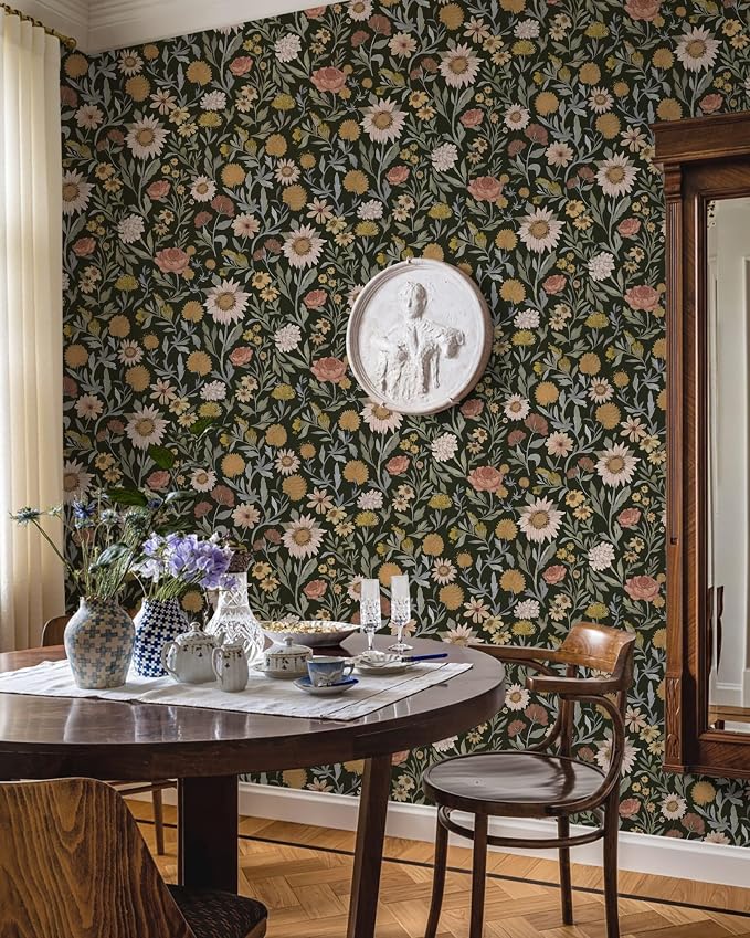 Dimoon Vintage Peel and Stick Wallpaper Boho Dark Floral Contact Paper 17.3''x78.7'' Retro Rustic Pink Removable Wall Paper Renter Friendly Texture Black Wallpaper for Bedroom Bathroom Cabinets Vinyl - Image 8