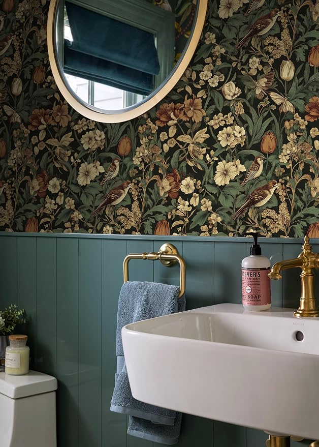 Erfoni Bird Floral Peel and Stick Wallpaper Vintage Contact Paper for Walls | 17.3" x 394" Floral and Leaf Self Adhesive Wallpaper Retro DIY Removable Decorative Wallpaper for Livingroom Vinyl Roll Dark - Image 5
