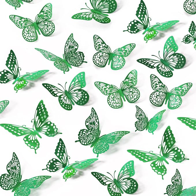 SAOROPEB 3D Butterfly Wall Decor 48 Pcs Dark Green Butterfly Decorations | 4 Styles 3 Sizes, Green Birthday Butterfly Party Decorations Butterfly Cake Decorations, Removable Stickers by SAOROPEB