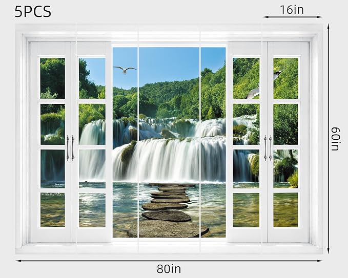 FLFK Fake Window Wall Mural - Waterfall Nature Scene Peel and Stick Decal, 80 x 60 inches, Set of 5 Sheets - Image 2
