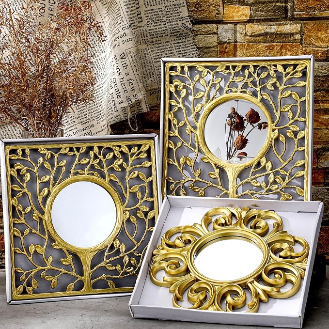 Fourluoo 3 Pack Gold Sunburst Mirrors for Wall Decor Circle Flowers Mirrors Decorative Gold Hanging Wall Art Flowers Mirror for Home Living Dinning Room Bedroom Bathroom Boho Decoration Art(Vintage) - Image 6
