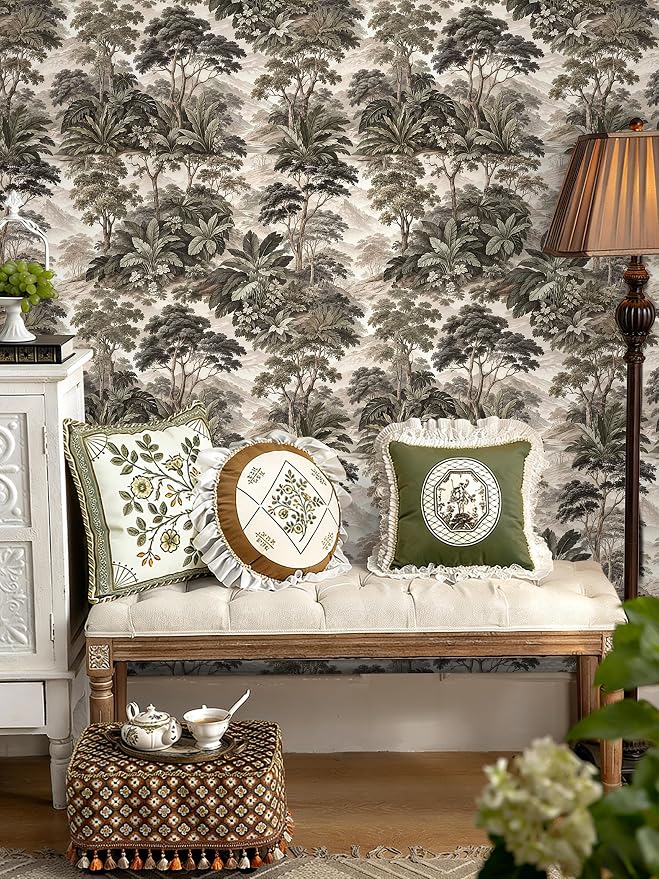 HAOKHOME Vintage Peel and Stick Wallpaper Forest Bathroom 17.3in x 19.7ft | Self Adhesive Removable Landscape Botanical Jungle Toile Wall Paper Textured Bedroom Accent Wall Green Grey Contact Paper - Image 4