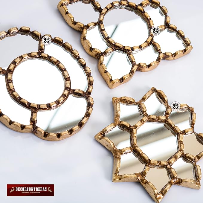 Peruvian Wall Mirrors Set 3pc Gilded Bronze Leaf Home Decor - Image 6