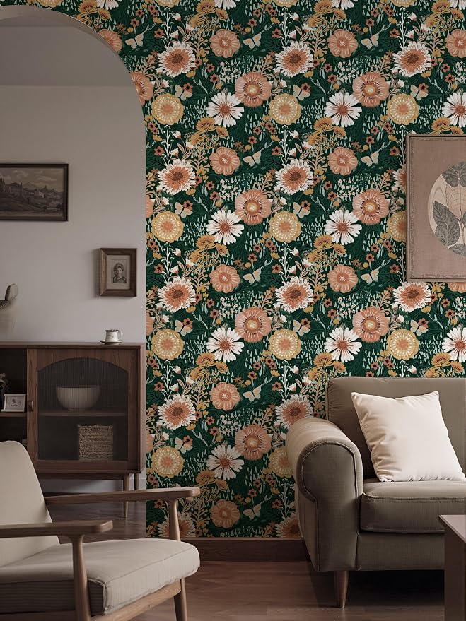 Dimoon Boho Retro Dark Green Wallpaper Peel and Stick Wallpaper Vintage Floral Contact Paper 17.3''x78.7'' Bohemian Removable Wall Paper Renter Friendly Waterproof Wall Mural Bedroom Bathroom Vinyl - Image 8