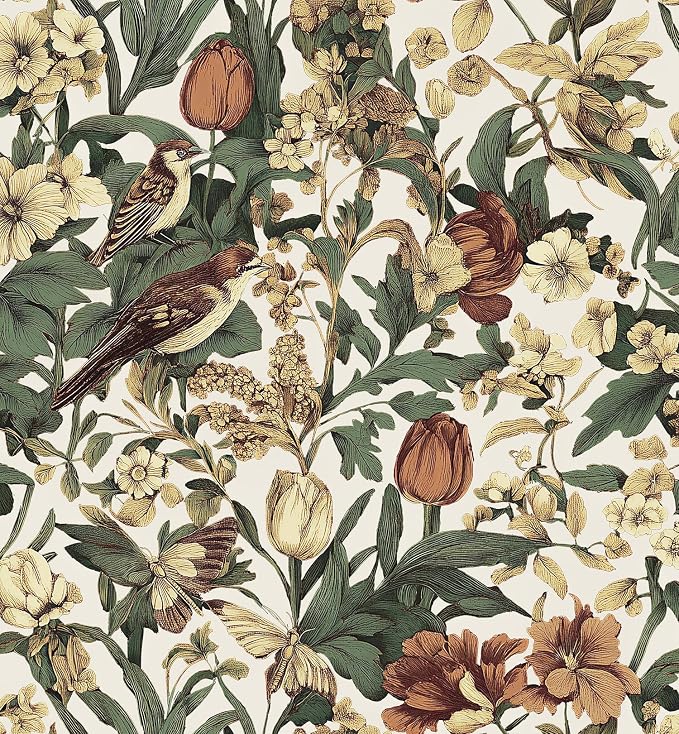 Erfoni Floral Birds Wallpaper Vintage Floral Peel and Stick Wallpaper Beige | 17.3" x118" Decoration DIY Self Adhesive Contact Paper Removable Wallpaper for Bedroom Cabinets Covering Boho Flower Leaf by Erfoni