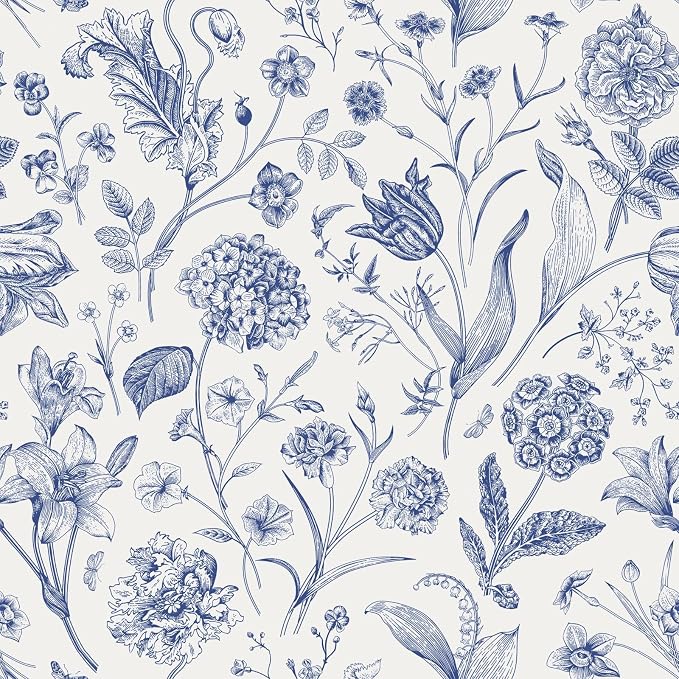 White and Blue Floral Peel and Stick Wallpaper Vintage 17in x 197in | Botanical Wallpaper Vintage Contact Paper Black Flower Removable Wall Paper for Bathroom Bedroom Boho Self Adhesive Vinyl by lenify