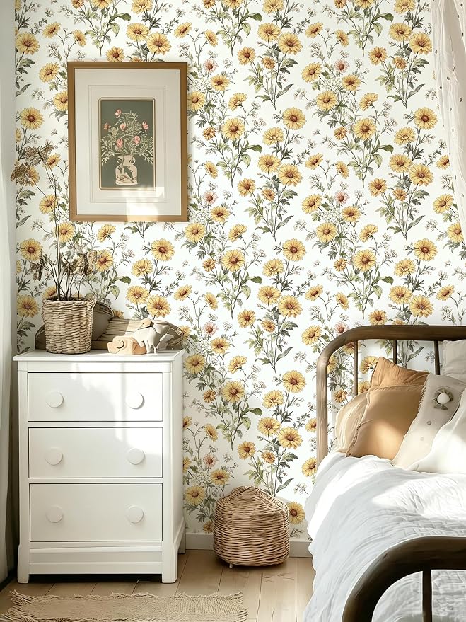 Livebor Daisy Floral Peel and Stick Wallpaper for Bathroom 16.9in x118.1in | Floral Contact Paper Yellow Daisy Flower Wallpaper Waterproof Flower Boho Self Adhesive Removable Wall Paper Decor Vinyl - Image 2