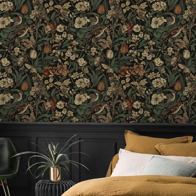 Erfoni Bird Floral Peel and Stick Wallpaper Vintage Contact Paper for Walls | 17.3" x 394" Floral and Leaf Self Adhesive Wallpaper Retro DIY Removable Decorative Wallpaper for Livingroom Vinyl Roll Dark - Image 4
