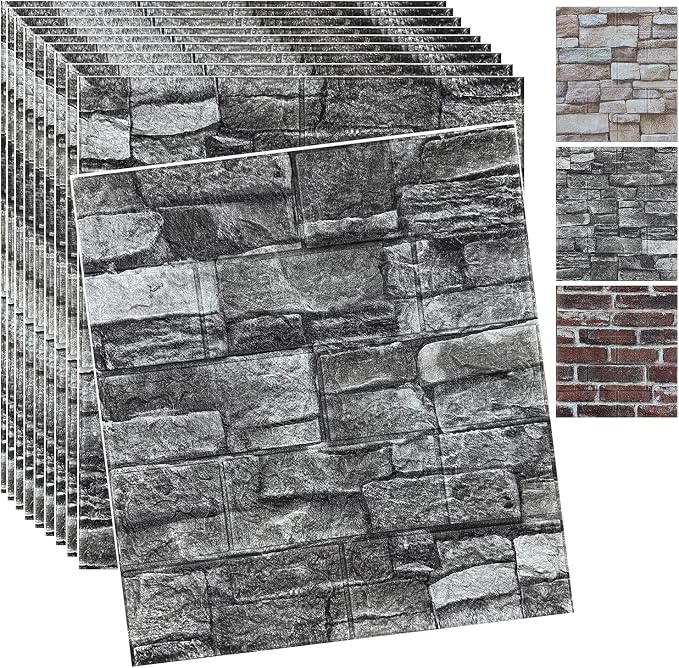 20PCS 3D Wall Panels Peel and Stick 3D Brick Wallpaper Peel and Stick Faux Stone Wall Panel Foam Brick Self-Adhesive Wallpaper (Black 20pcs) by YLLYLL