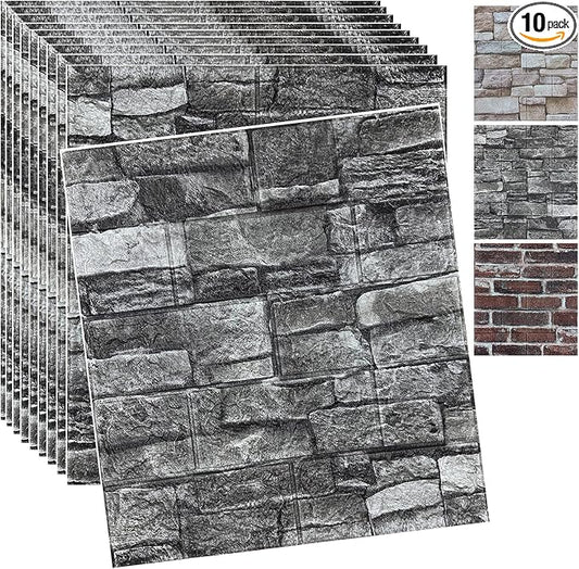 10PCS 3D Wall Panels Peel and Stick 3D Brick Wallpaper Peel and Stick Faux Stone Wall Panel Foam Brick Self-Adhesive Wallpaper (Black,10pcs) by YLLYLL