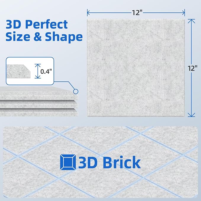 20 Pack Acoustic Panels with Self Adhesive Sound Proof Foam Panels for Wall | 12" X 12" X 0.4" High Density Soundproof Wall Panels, Brick Sound Absorbing Panels for Home Studio Office Decor - Gray - Image 5