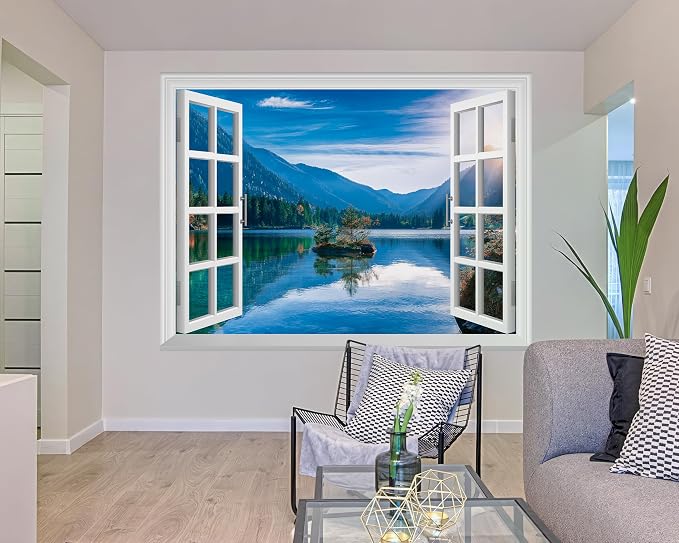 FLFK Fake Window Wall Mural - Mountain Lake Faux Window Wall Decal for Wall Decor, Peel and Stick Wall Sticker,80"x60",Set of 5 Sheets - Image 6