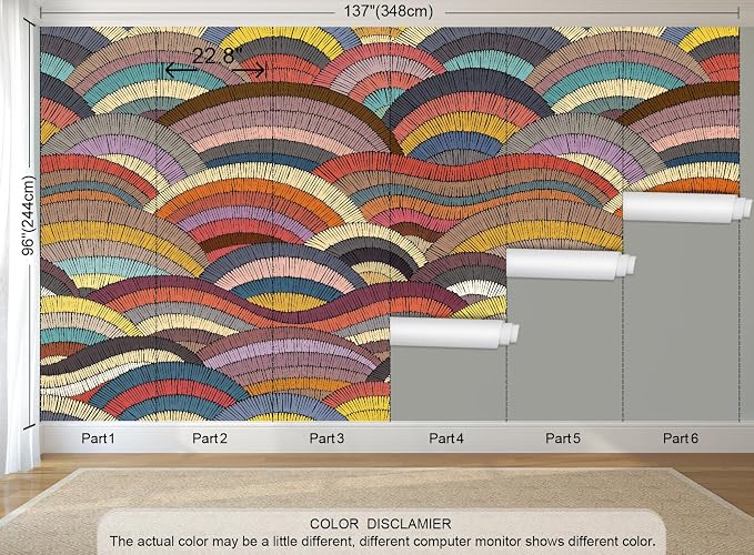 Boho Peel and Stick Wallpaper Rainbow Wave Wall Mural | 137"x96", Self Adhesive Canvas, for Bedroom Living Room Bathroom, Seamless, No overlapping - Image 3