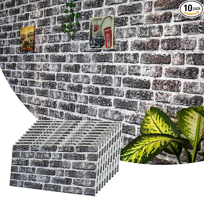 Dundee Deco 3D Wall Panels Faux Brick - Cladding, Charcoal White Stone Look Wall Paneling, Styrofoam Facing for Living Room, Kitchen, Bathroom, Balcony, Bedroom, Set of 10, Covers 54 sq ft by DundeeDeco