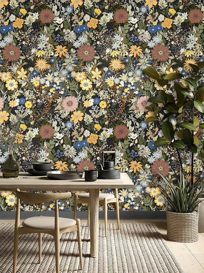 Vintage Floral Peel and Stick Wallpaper for Bedroom,Cabinets 17.3" x 118" | Textured Vinyl Contact Paper Self Adhesive Removable Waterproof Black/Green/Yellow Stick on Wall paper for Kitchen Bathroom - Image 5