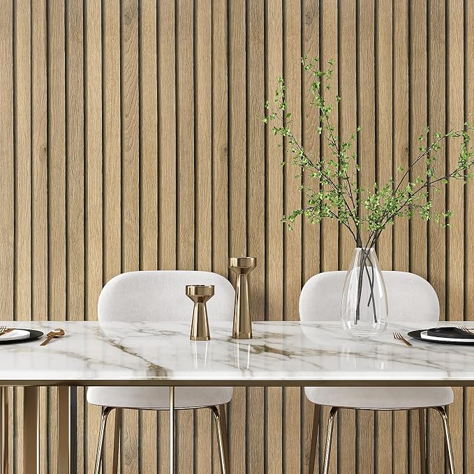 VEELIKE Natural Light Oak Wood Slat Peel and Stick Wallpaper Wood Panel Wallpaper for Accent Walls 24''x118'' Waterproof Self Adhesive Slat Wall Covering for Living Room Dining Room Bedroom Office - Image 4