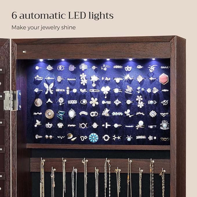 SONGMICS 6 LEDs Mirror Jewelry Cabinet, 47.2-Inch Tall, Lockable - Image 4