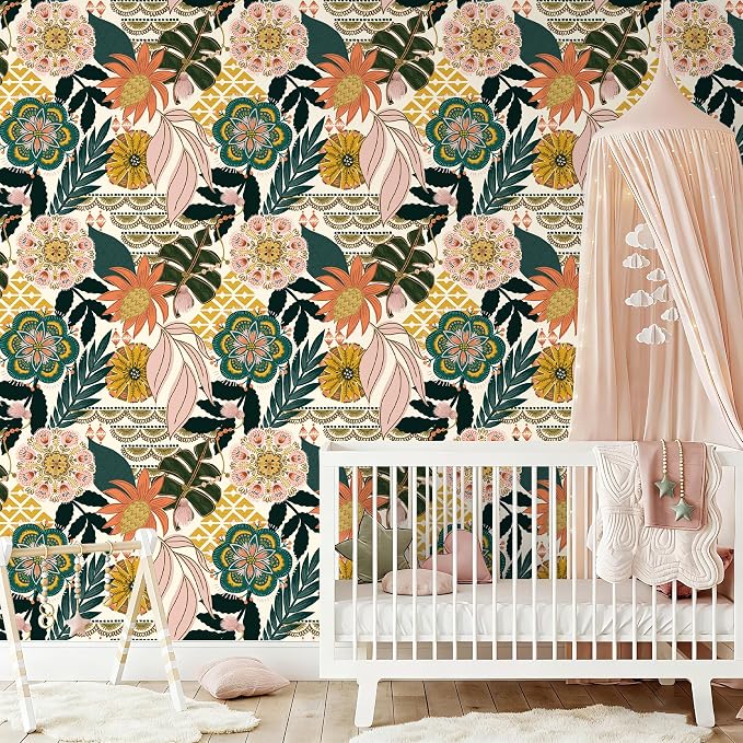 HAOKHOME Tropical Peel and Stick Wallpaper Boho Floral Botanical Bathroom | Textured Removable Waterproof Renter Friendly Wall Paper Cream Pink Green Leaf Floral Abstract Bohemian Bedroom 17.3in x9.8ft - Image 4