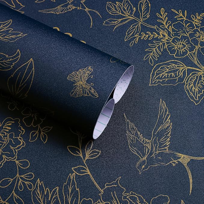 Froluya Dark Blue Peel and Stick Wallpaper Vintage Floral 17.7in×393.7in | Navy Blue and Gold Floral Self Adhesive Wall Paper Dark Birds Removable Decorative Contact Paper for Bathroom Cabinets Vinyl by Froluya