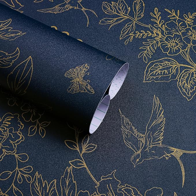 Froluya Dark Blue Peel and Stick Wallpaper Vintage Floral 17.7in×196.8in | Navy Blue and Gold Floral Self Adhesive Wall Paper Dark Birds Removable Decorative Contact Paper for Bathroom Cabinets Vinyl by Froluya