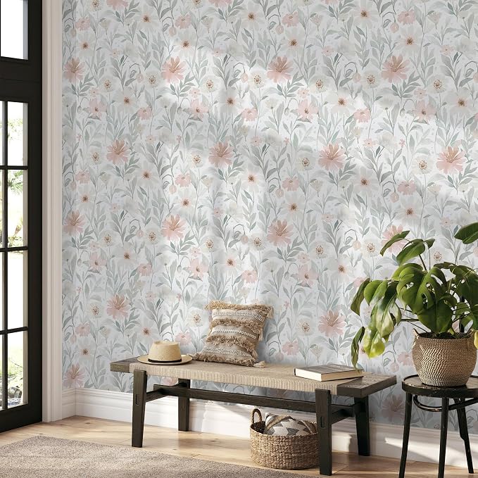 CiCiwind Pink Floral Peel and Stick Wallpaper Farmhouse Removable Self Adhesive Modern Wall Paper for Bedroom Bathroom Light Green Leaf Contact Paper for Cabinets Shelf Drawer 17.3" × 78.7" - Image 7