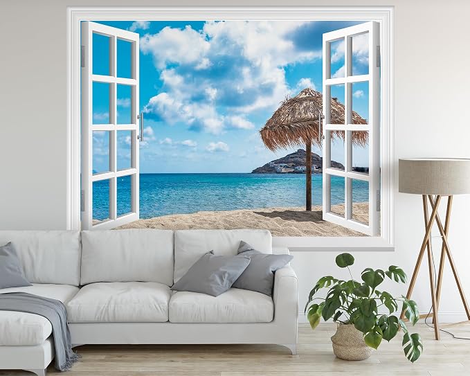 FLFK Fake Window Wall Mural - Ocean Beach Faux Window Wall Decal for Wall Decor, Peel and Stick Wall Sticker,80"x60",Set of 5 Sheets - Image 5