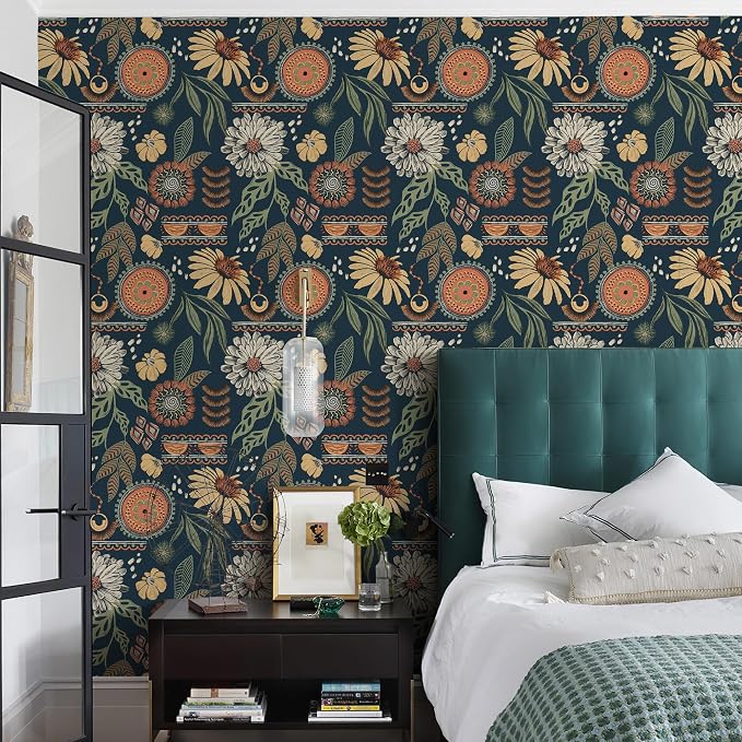 Simon&Siff Boho Sun Floral Retro Peel and Stick Wallpaper 17.3" x 80" | Removable Waterproof Self Adhesive Contact Paper Renter Friendly for Cabinets, Furniture, Bedroom, Bathroom, DIY Decor - Image 3