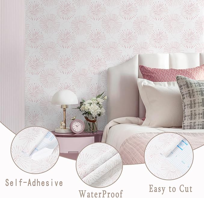 Peel and Stick Wallpaper Geometric Boho Wall Paper White Pink Fireworks Contact Paper 17.3"×78.7" Self-Adhesive Round Wallpaper for Bedroom Waterproof Removable Shelf Liner Decal Vinyl Roll - Image 2