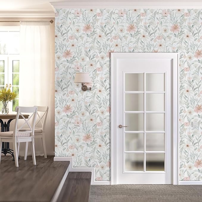 CiCiwind Pink Floral Peel and Stick Wallpaper Farmhouse Removable Self Adhesive Modern Wall Paper for Bedroom Bathroom Light Green Leaf Contact Paper for Cabinets Shelf Drawer 17.3" × 78.7" - Image 6