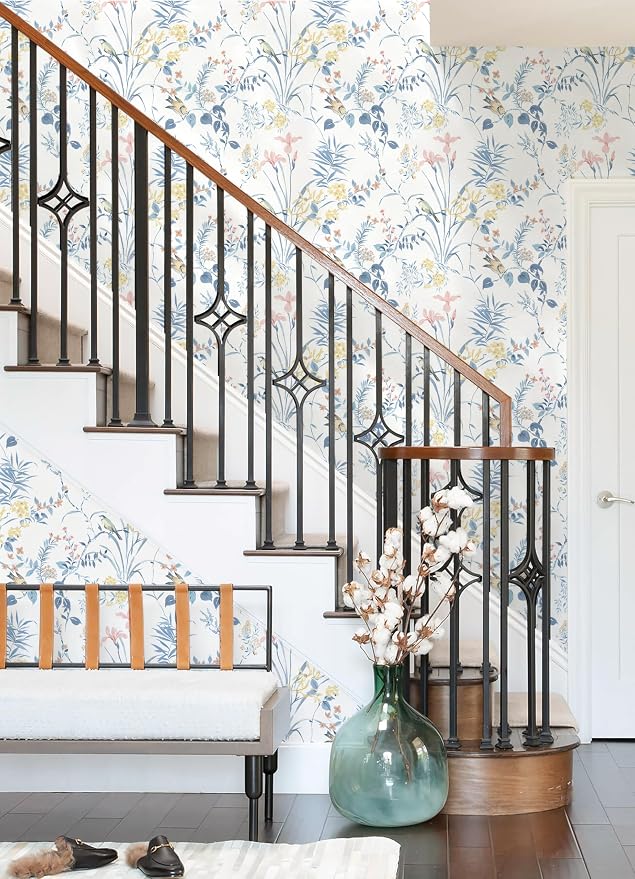 Erfoni Boho Floral Peel and Stick Wallpaper Blue Floral Birds Contact Paper | 16.9" x118" DIY Self Adhesive Removable Wallpaper for Livingroom Cabinet Decor Modern Flower Leaf Wallpaper Vinyl Roll - Image 7