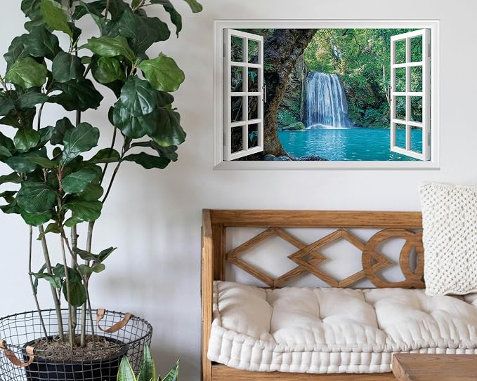 FLFK Fake Window Wall Decal - Waterfall and Lake in The Jungle Faux Window Wall Mural for Wall Decor, Peel and Stick Wall Sticker,24"x16" - Image 6