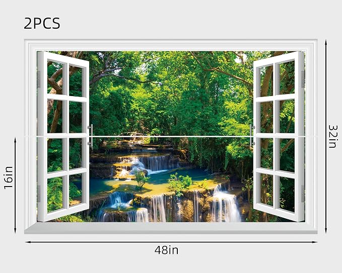 FLFK Fake Window Wall Mural - Jungle Waterfall Faux Window Wall Sticker for Wall Decor, Peel and Stick Wall Decals,48"x32",Set of 2 Sheets - Image 2
