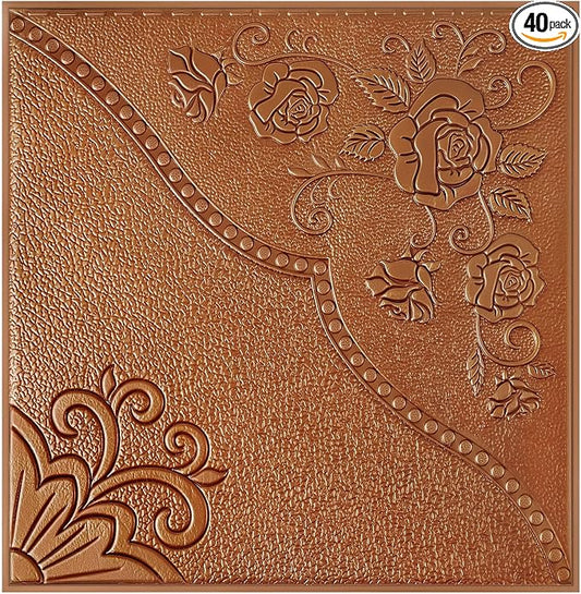 Nuanchu 40 Pcs 13.8 x 13.8 Inch Ceiling Tiles Peel and Stick, Copper | Foam White 3D Wall Panels 26-105.5 Sq. ft Adhesive Glue up Waterproof Wallpaper for DIY Office Home by Nuanchu