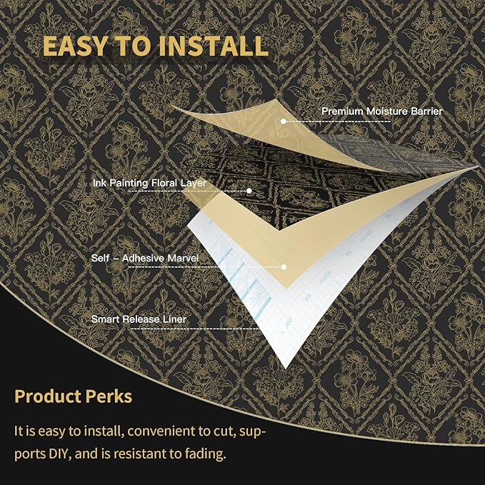 Toduso Peel and Stick Wallpaper Vintage Wall Paper Boho Contact Paper Black and Gold Floral Removable Wallpaper for Bathroom Bedroom Flower Waterproof Self Adhesive Vinyl Drawer Decor 17.3"x393.7" - Image 5