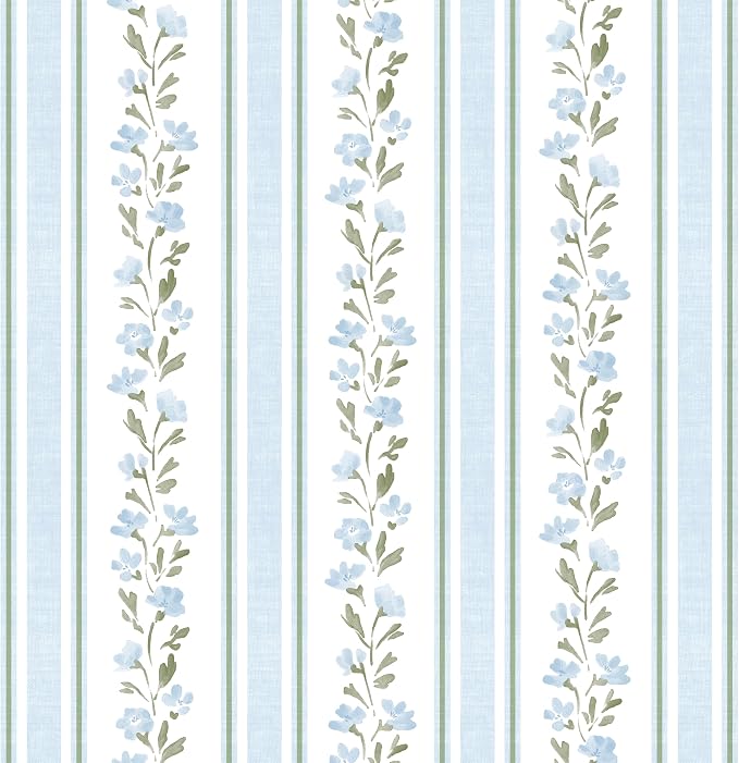 Safiyya Peel and Stick Wallpaper Stripe Floral Wall Paper Removable Blue White Green Contact Paper 17.7''x197'' Waterproof Self Adhesive Vinyl Boho Wallpaper for Bedroom Living Room Decor by SAFIYYA