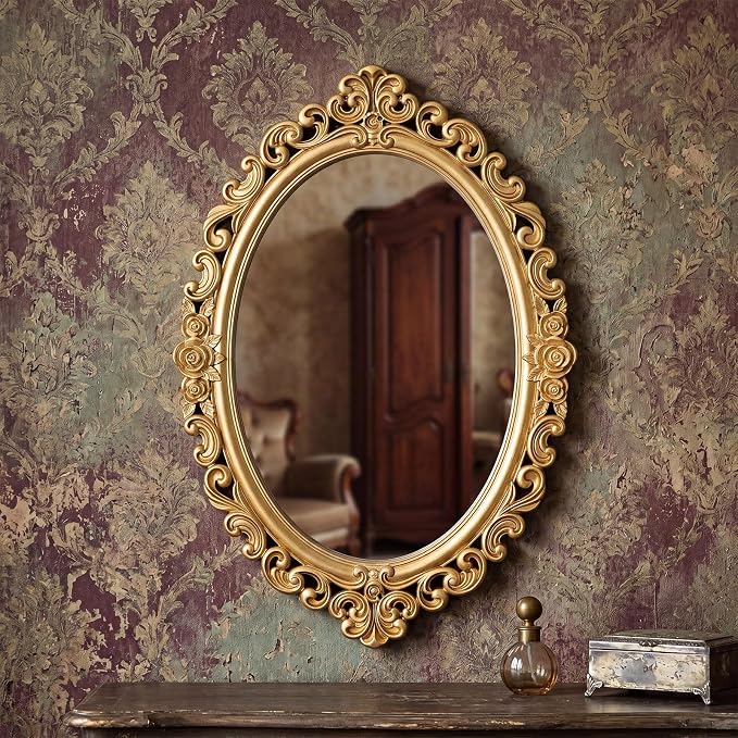 Beeveer 1 Style Vintage Mirrors Set Decorative Oval Wall Mirror Small Antique Mirrored Tray Decorative Hanging Mirror for Bathroom Bedroom Jewelry Organizer Victorian Decor (Oval,Gold) by Beeveer