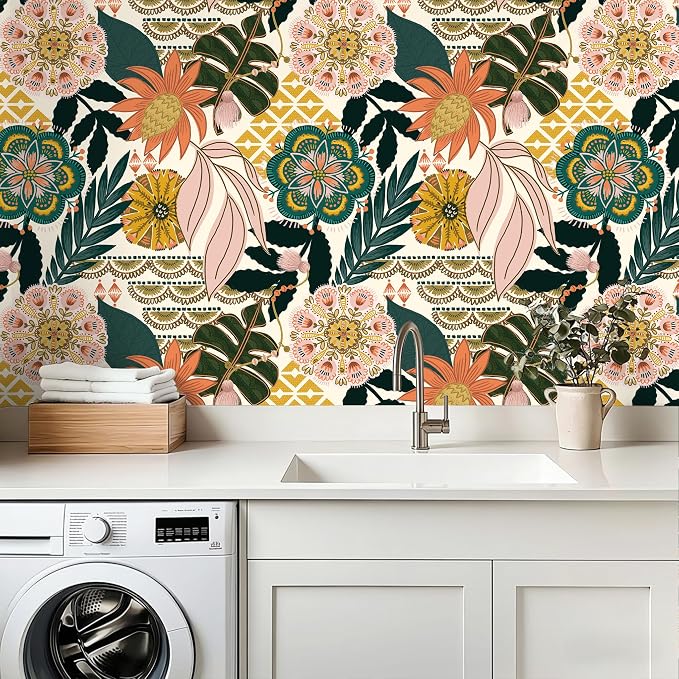 HAOKHOME Tropical Wallpaper Peel and Stick Wallpaper Boho 17.3in x 32.8ft | Floral Botanical Leaf Textured Removable Waterproof Renter Friendly Wall Paper Cream Pink Green Bathroom Bedroom ContactPaper - Image 5