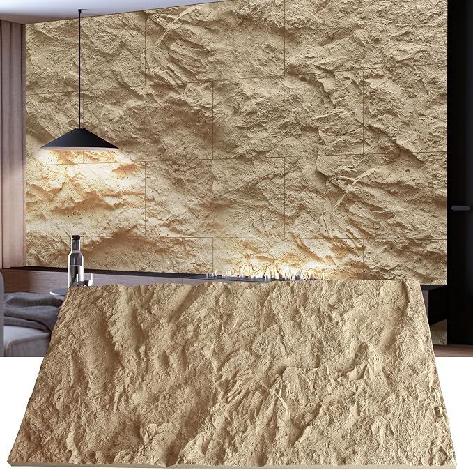 KASARO 3D Faux Stone PU Wall Panels, 4 Pack Stone Texture Golden Hemp | Thicker PU wainscoting panels with realistic stone texture for accent walls, home & office decor, easy install, 43.3" x 23.6" by KASARO