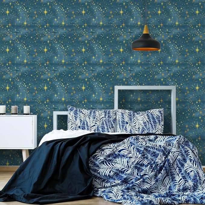 Navy Peel and Stick Wallpaper Gold Star Self Adhesive Contact Paper Sticker | Removable vinyl film, golden star wall stickers, retro starburst ceiling decor, art murals, for cabinets bedroom living room - Image 6