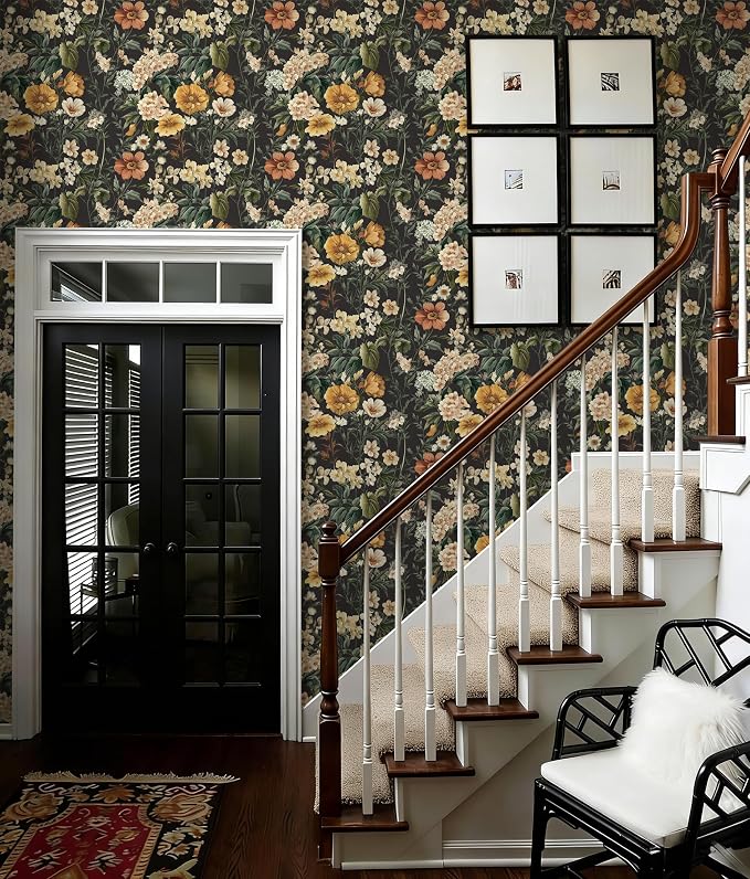 Livebor Black Floral Peel and Stick Wallpaper Flower Wallpaper16.9 x118.1 | Vintage Floral Contact Paper Boho Self Adhesive Botanical Wall Paper for Kitchen Waterproof Cabinets Decorative Vinyl - Image 8