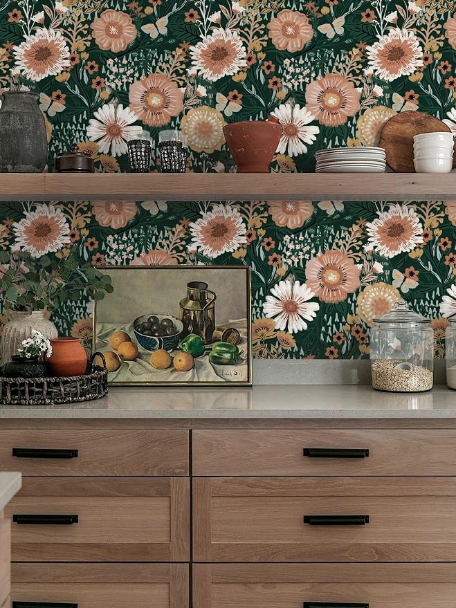 Dimoon Boho Retro Dark Green Wallpaper Peel and Stick Wallpaper Vintage Floral Contact Paper 17.3''x197'' Bohemian Removable Wall Paper Renter Friendly Waterproof Wall Mural Bedroom Bathroom Vinyl - Image 9