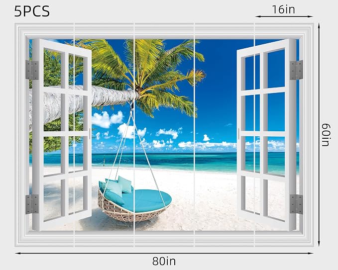 FLFK Fake Window Wall Decal, Tropical Beach Paradise with Turquoise Ocean, White Frame, Peel and Stick, 80 x 60 Inches,for Living Rooms, bedrooms, and Offices - Image 2