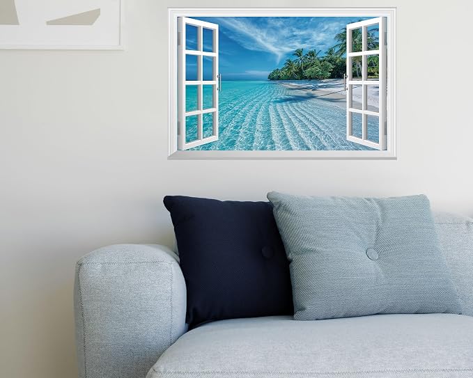 FLFK Fake Window Wall Decal - Summer Beach Faux Window Wall Mural for Wall Decor, Peel and Stick Wall Sticker,24"x16" - Image 3