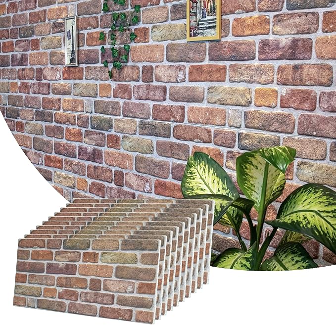 Dundee Deco 3D Wall Panels Faux Brick - Cladding, Brown Beige Stone Look Wall Paneling, Styrofoam Facing for Living Room, Kitchen, Bathroom, Balcony, Bedroom, Set of 10, Covers 53 sq ft by DundeeDeco