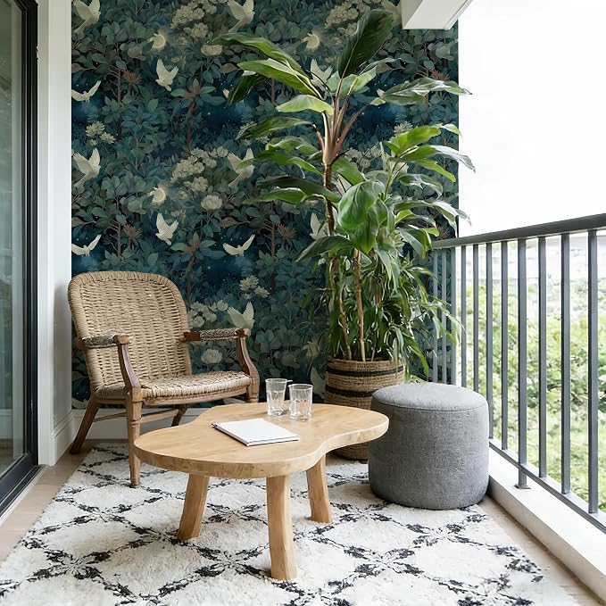 Vintage Night Dove Floral Botanical Peel and Stick Wallpaper | Deep teal moonlit forest dove and blossom print, Removable waterproof vinyl wall covering, bedroom accent wall decor - Image 7