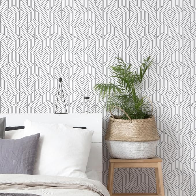 MelunMer White and Silver Peel and Stick Wallpaper Modern 17.7”×276” | Sliver Stripe Wallpaper Self Adhesive Removable Wallpaper Geometric Pattern Hexagon Wallpaper Shelf Drawer Liner Vinyl Film - Image 5