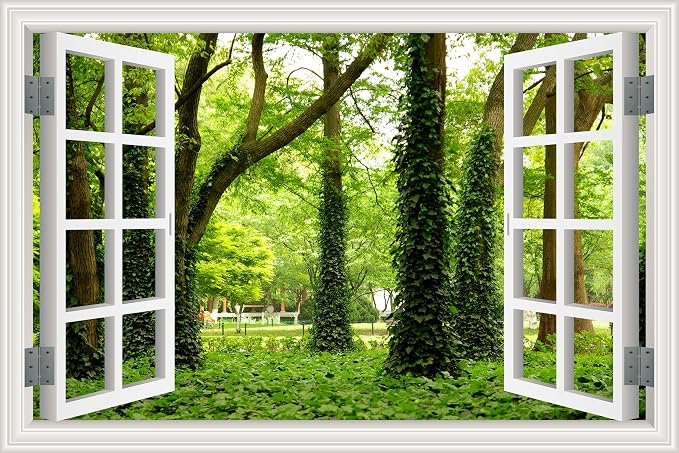 ‌Lmyhome Fake Window Wall Mural Green Grass Forest (16"x24") | Peel and Stick Faux Window Wall Sticker Decal Poster for Bedroom Home Decor by LmyhomeMuralsWallpaper