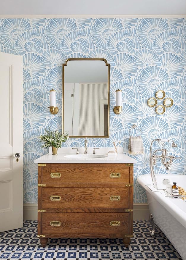 Ismoon Blue and White Wallpaper Peel and Stick Wallpaper Boho 17.3in x 6.56ft Removable Coastal Geometric Wall Paper for Bathroom Bedroom Nursery Home Wall Waterproof Vinyl - Image 5